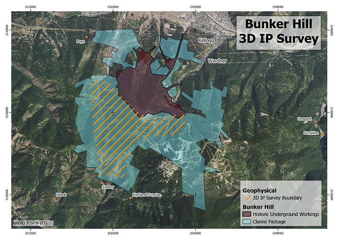 Map of planned 3D IP survey boundary and IP line orientation with relation to historic Bunker Hill mine footprint and contiguous claims package