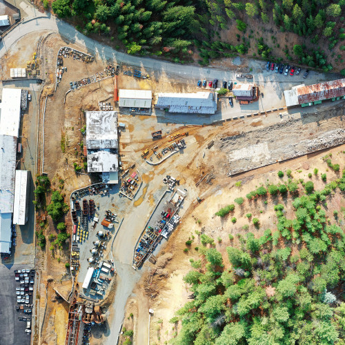 Overhead shot of the Kellogg Office and Bunker Hill Yard, site of the future mill operations and the Kellogg Tunnel.