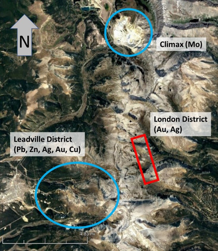 Satellite image showing close proximity of London Mining District to the Leadville and Climax Mining Districts